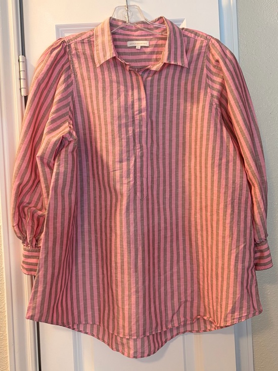 ANN MASHBURN Tops - ANN MASHBURN Pink and Gray Striped Linen/Cotton Shirt